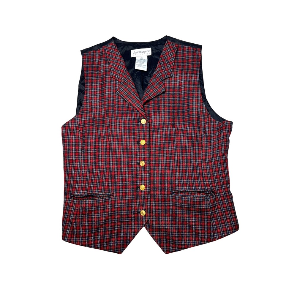 Vintage Liz Claiborne Red Plaid Wool Vest Women 12 Tie Back Dark Academia Preppy